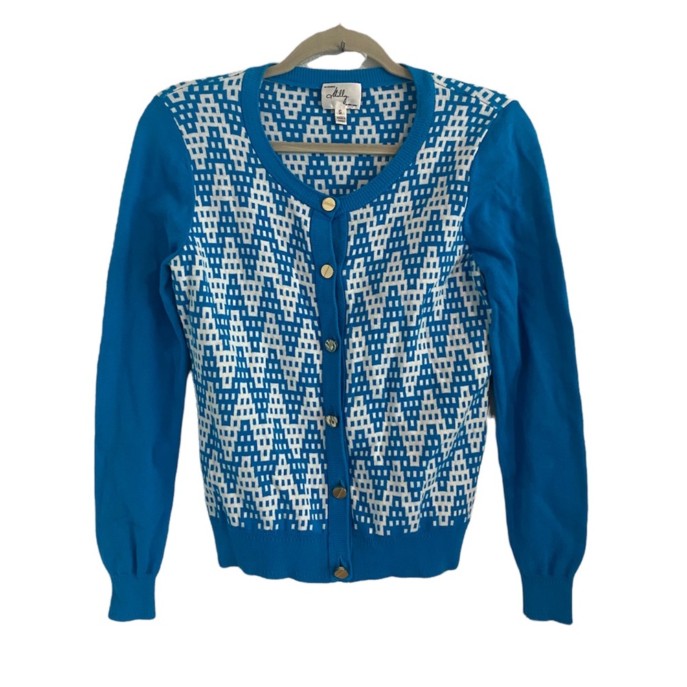 MILLY New York cardigan in turquoise white chevron print silk